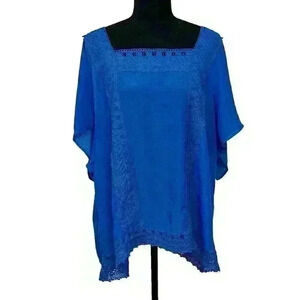 Zac & Rachel Womens 2X Blue Crocheted Tunic Blouse Top Draped Sides Short Sleeve